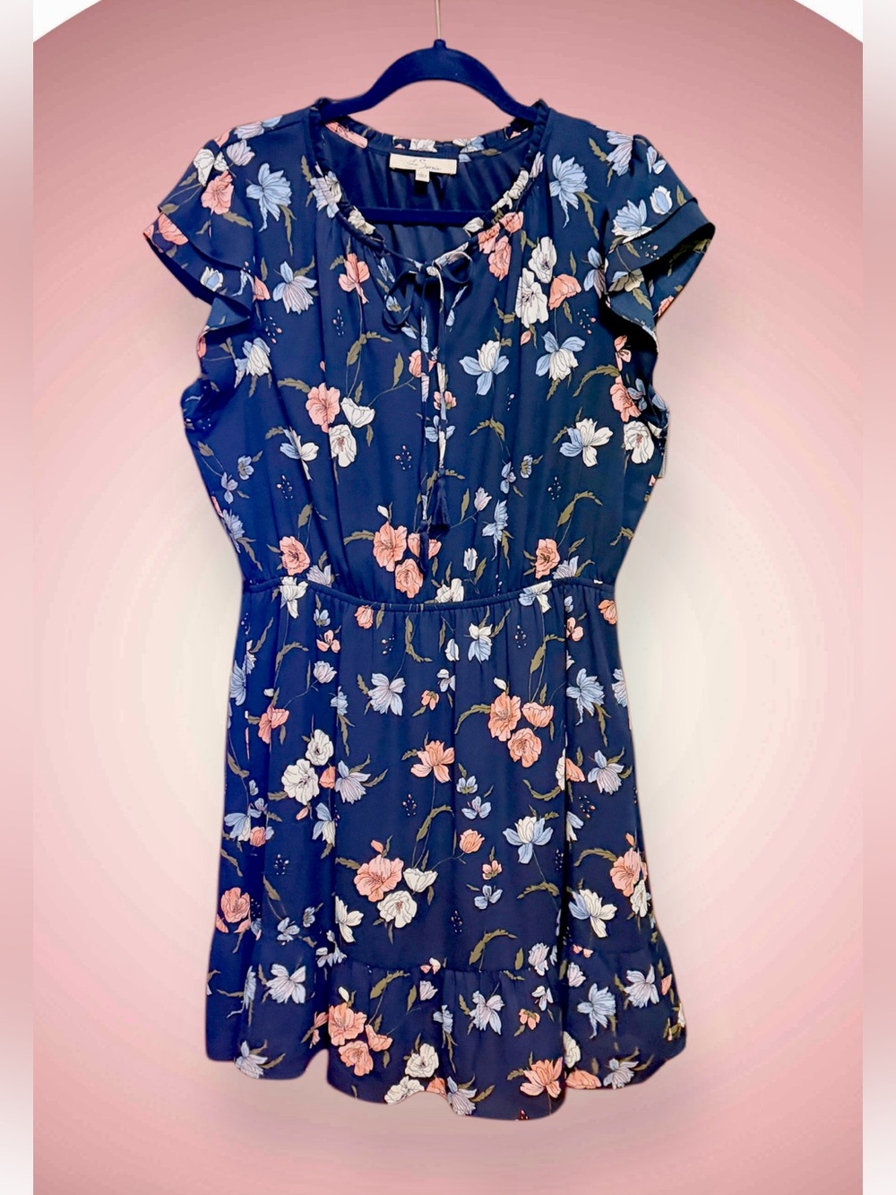 Les Serein from Stitch Fix Navy Floral Mini Dress w/Ruffle Cap Sleeves sz Large
